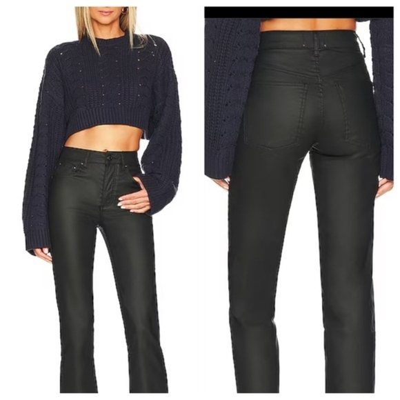 $118 Free People Spellbound Split Hem Black Coated High Rise Jeans - Picture 1 of 16
